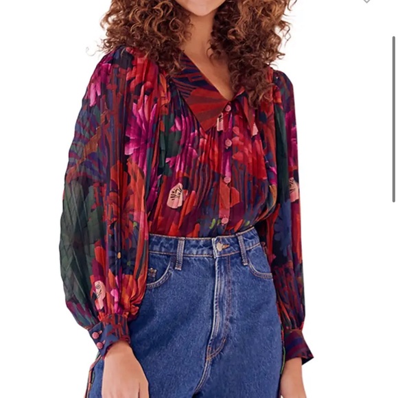 Farm Rio Bird Flowers Pleated Long Sleeve Babydoll Collared Blouse - Picture 2 of 12